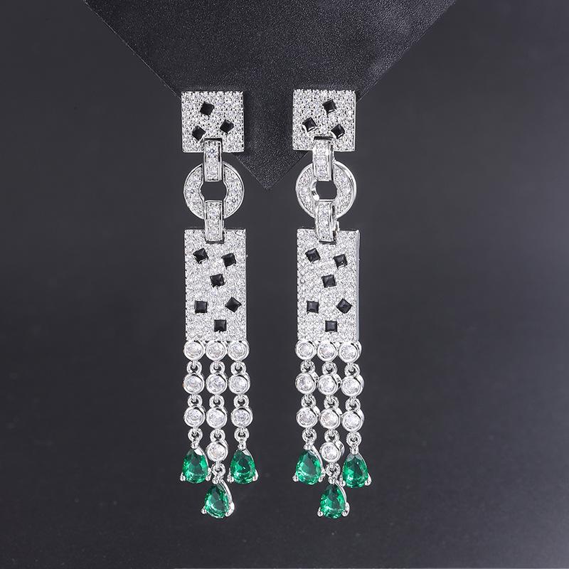 Cross Border Hot New Tassel Earrings With Silver Gold-plated Micro Inlaid Emerald Simulated Batch