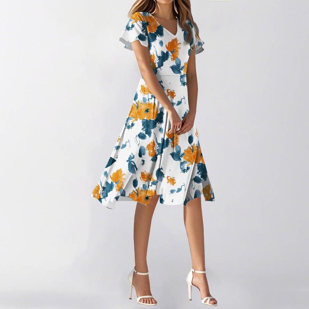 Kvinners Sommer Casual Mote Blomsterprint Kjole V-hals Kortermet Kort Skjørt