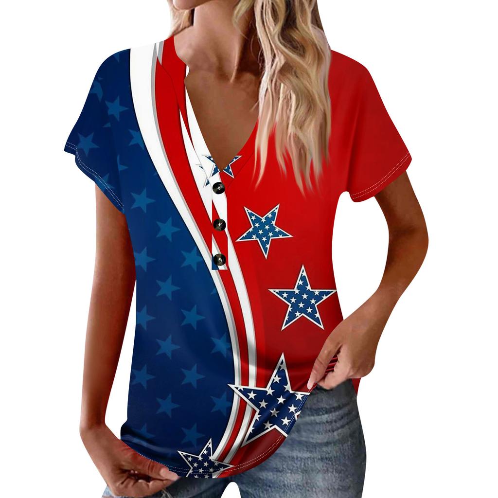 Women's New Button V Neck Fashion Print Short Sleeve Vintage Print T-Shirt Tops Casual Tops Loose T-Shirt Pullover Casual Loose Print Tops
