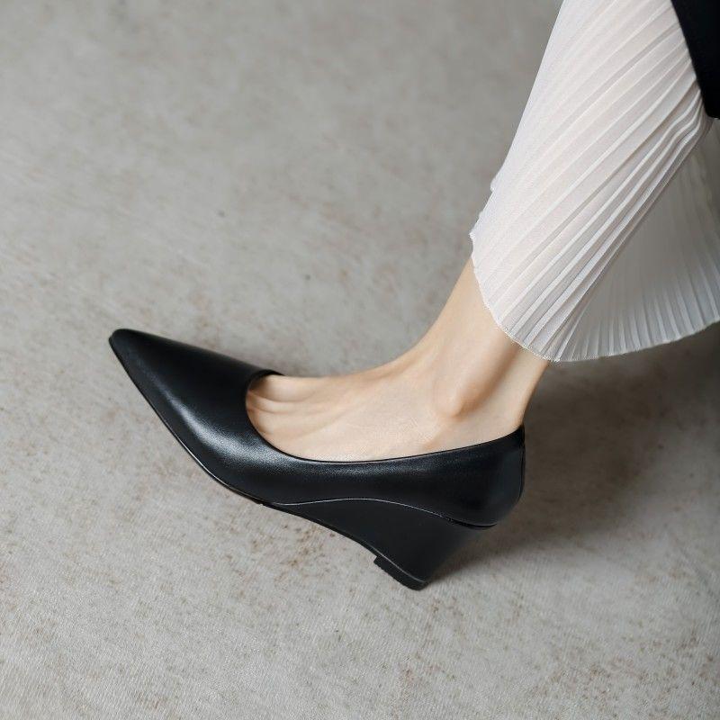 FHANCHU Europea 2025 Spring Sheepskin Leather Wedges Shallow Shoes,Women Pumps,High Heels,Slip On,Pointed Toe,Black,Dropship