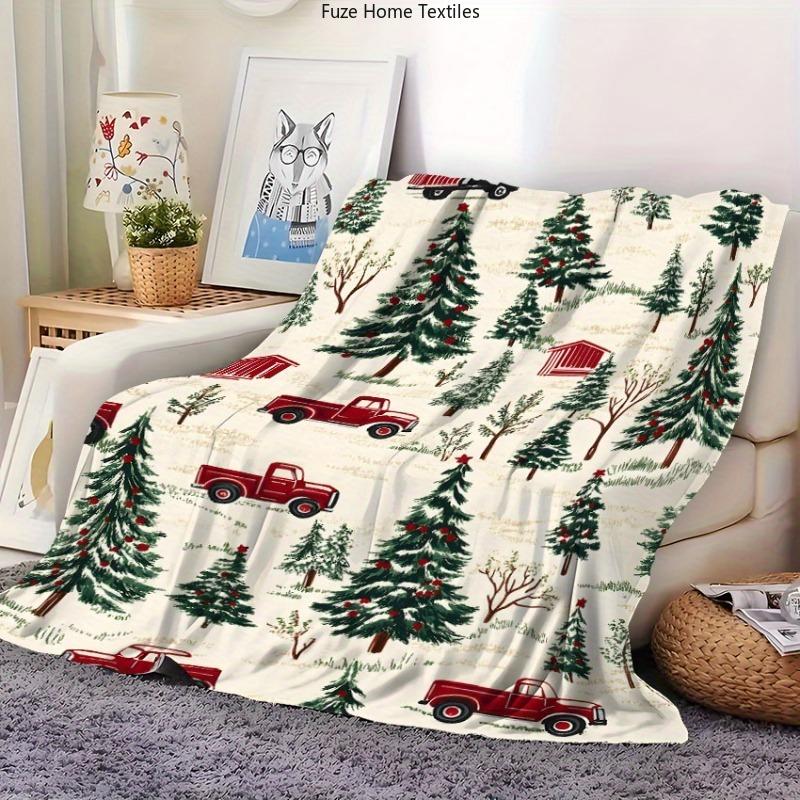 Vintage Christmas Truck & Tree Flannel Throw Blanket - Soft, Cozy Air Conditioning Quilt for Living Room Decor, Bed, Sofa - All-Season Travel Blanket,
