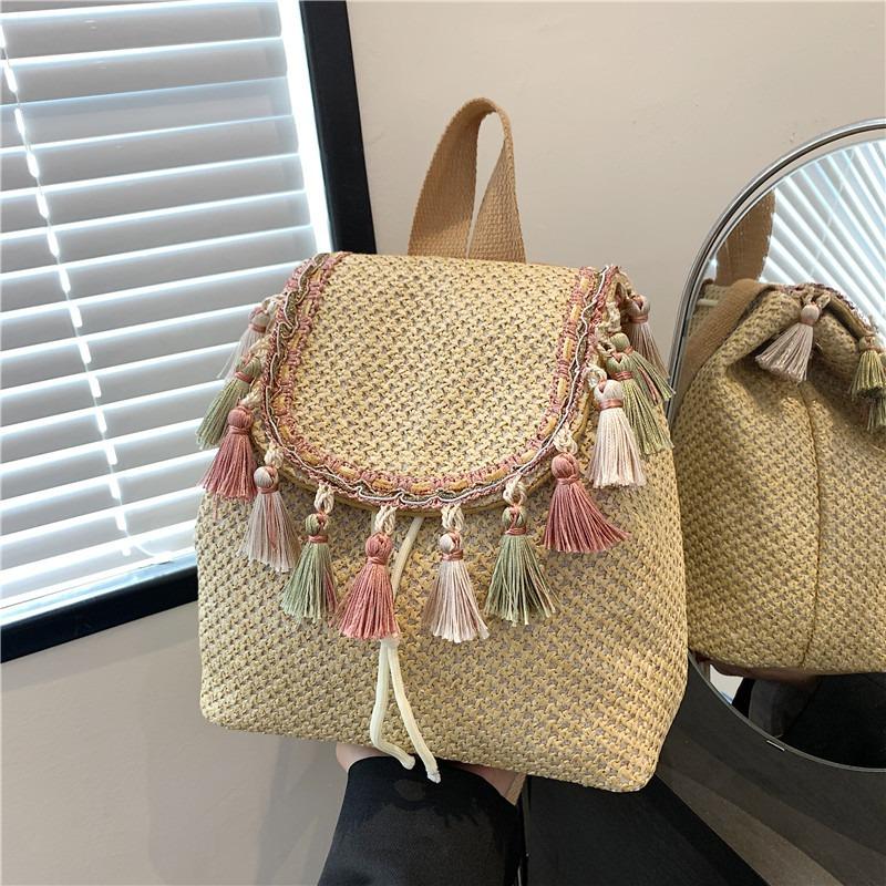 Bohemian Ethnic Style Woven Bag Fringe Backpack Large Capacity Leisure Holiday Straw Bag