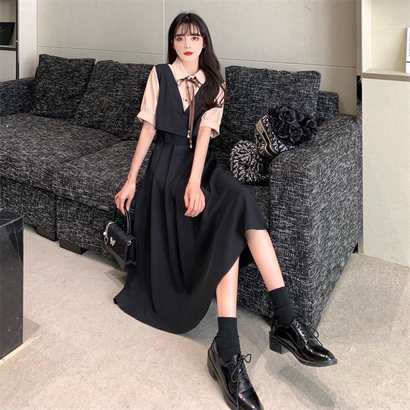 Damen Retro Patchwork Petite Sommerkleid: College-Stil, Kurzärmelig, Übergröße, Lockere Passform, Schlankmachender Zweiteiler-Look