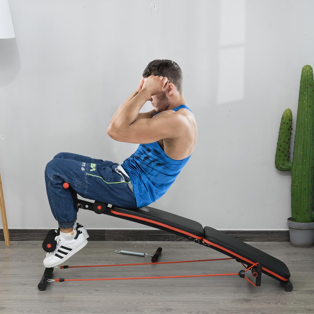 Sit Up Bench Core Workout Adjustable Thigh Support Foldable For Home Gym W Arm Pulling Rope Black