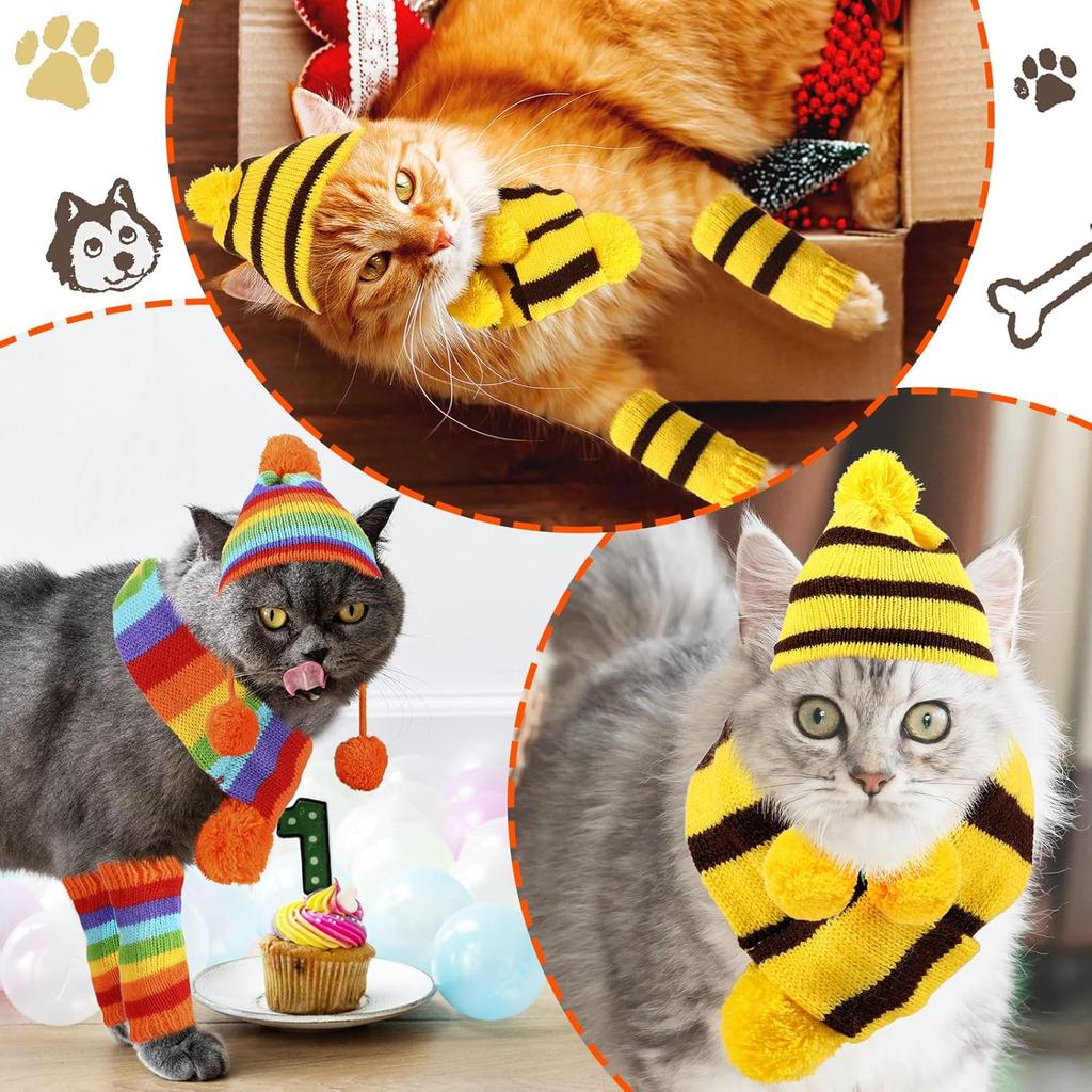 Saintrygo 12 Pcs Dog Leg Warmers Hat Scarf Set Winter Knitted Dog Costume Set Include Warm Striped Hat Small Scarf Leg Warmers for Pet Cat Puppy, S