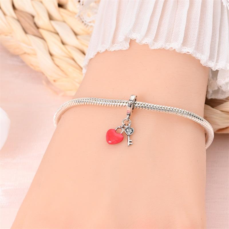 Original Copper Charms Luxury Pink Heart Key Pendant Beads Fit Bracelet Diy Women Making Delicate Gift