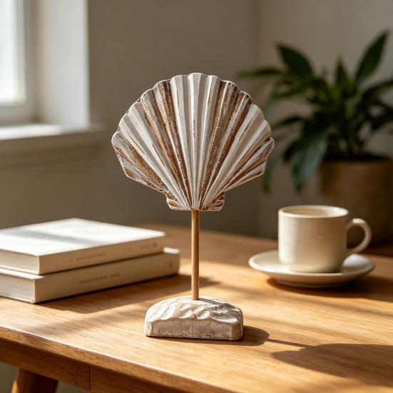 Summer Wooden Shell Ornament with Base Handmade Coastal Seashell Shape Figurine Beach Ocean Tabletop Centerpiece for Living Room Bathroom
