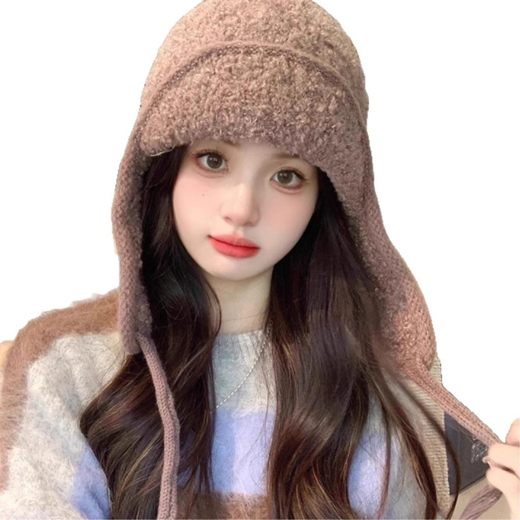 Solid Color Winter Warm Knitted Beanies Women Warm Woolen Japanese Hat Pile Caps Ear Protection Tie Pullover Hat Bomber Hats