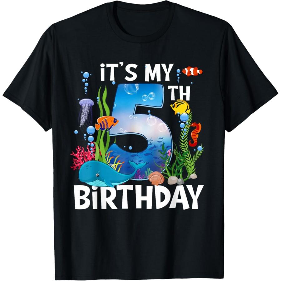 Kids 5 Year Old Ocean Life Whale Dolphin Shark 5th Birthday T-Shirt XXXXXL чёрный