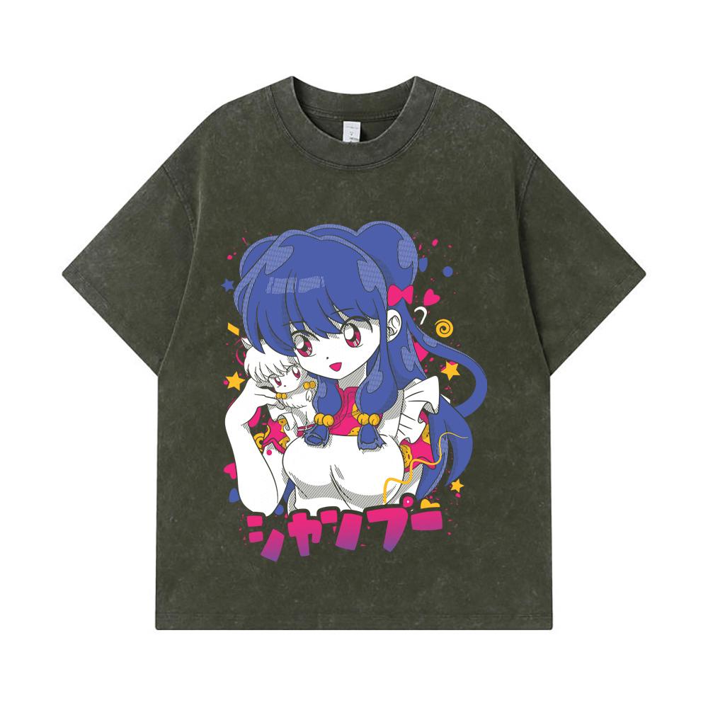 

275 GSM Washed T-shirts 100% Cotton Ranma 12 V3 Shampoo Print Unisex Heavy Cotton T Shirt S армия зеленый