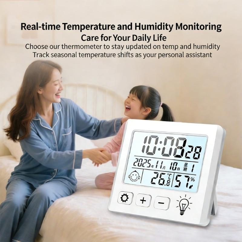 Desk Temperature Humidness Measurement Meter with Time Date Display for Indoor Home Thermometers Hygrometer Large Display