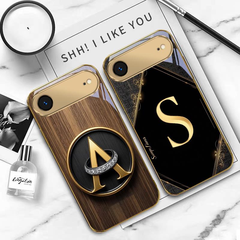 Luxurious emblem letters For IPhone 17Pro Max 16 17 Pro 15 Pro 14 13 Plus 12 Mini 11Pro Max XR 16E 17Air Golden glass phone case