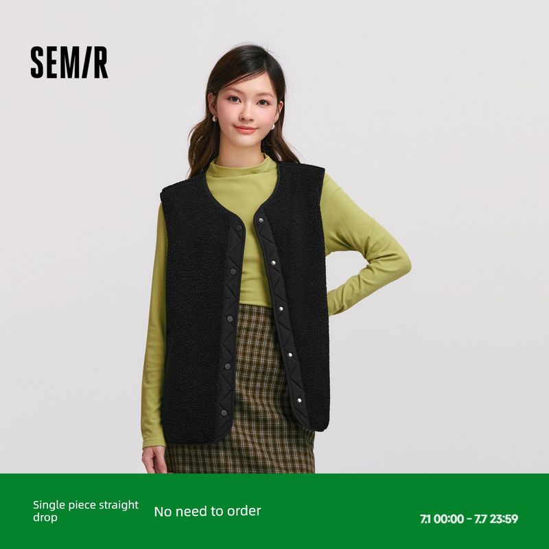 

[Same Style with Mall] Senma Vest Women s Polar Fleece Patchwork Fashion 2024 Winter New round Neck Tops Trendy Unique Gray 10812 160/84A/M