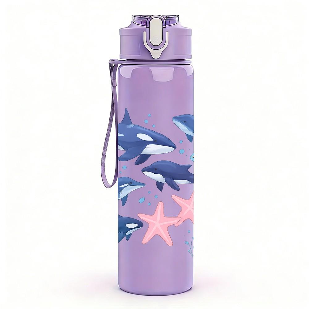 1PC Shark Group Ocean Animal Print 750ml Color Plastic Sports Water Bottle Leakproof Flip Straw Lid Suitable for Sports Office Home Use