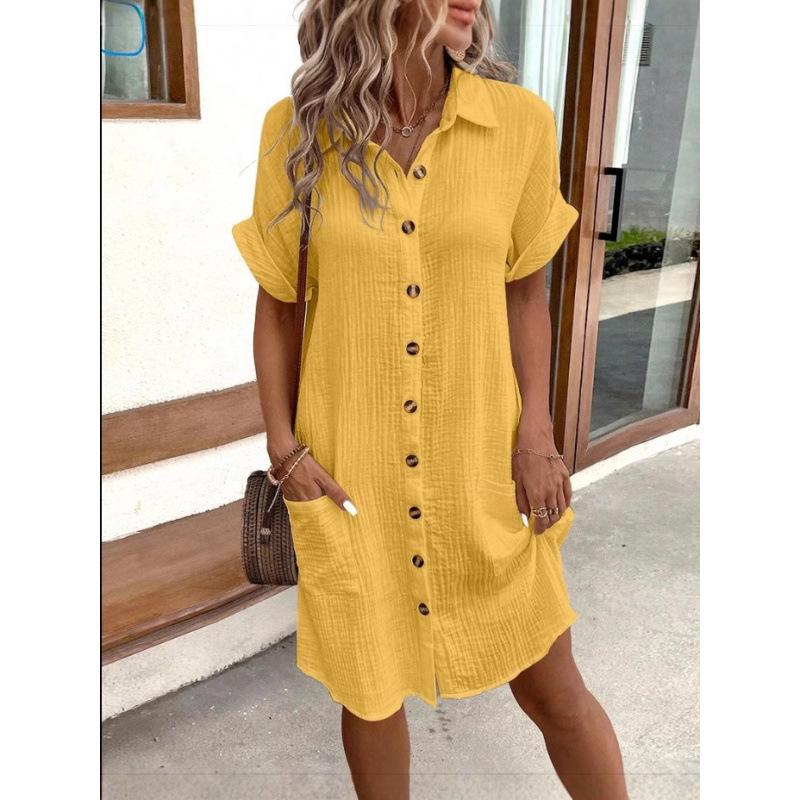 2026 Women's Mid-length Single-breasted Solid Color Short Sleeve Casual Dress