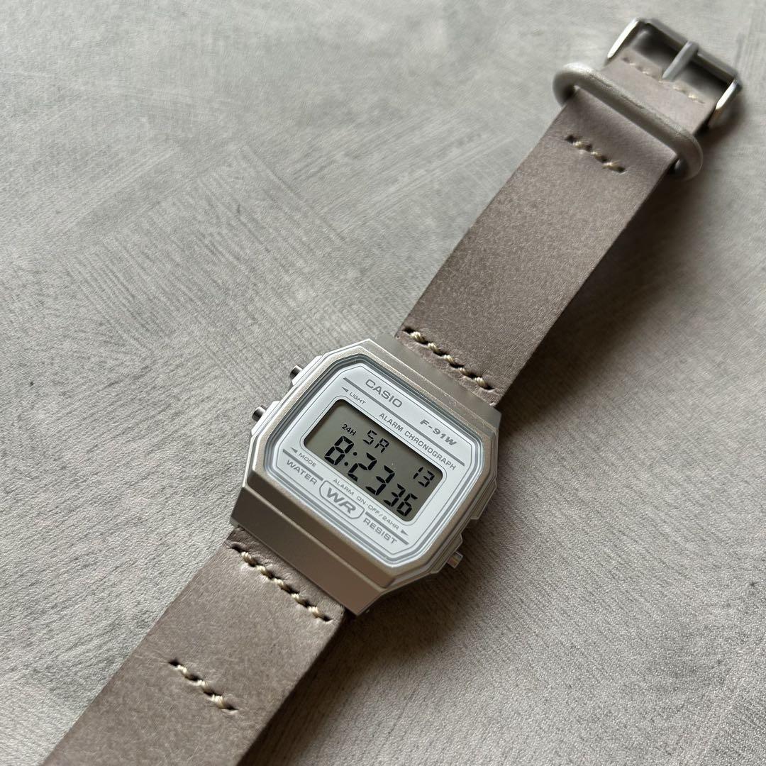 

[USED] CASIO F-91W with Custom Genuine Leather Strap, Silver