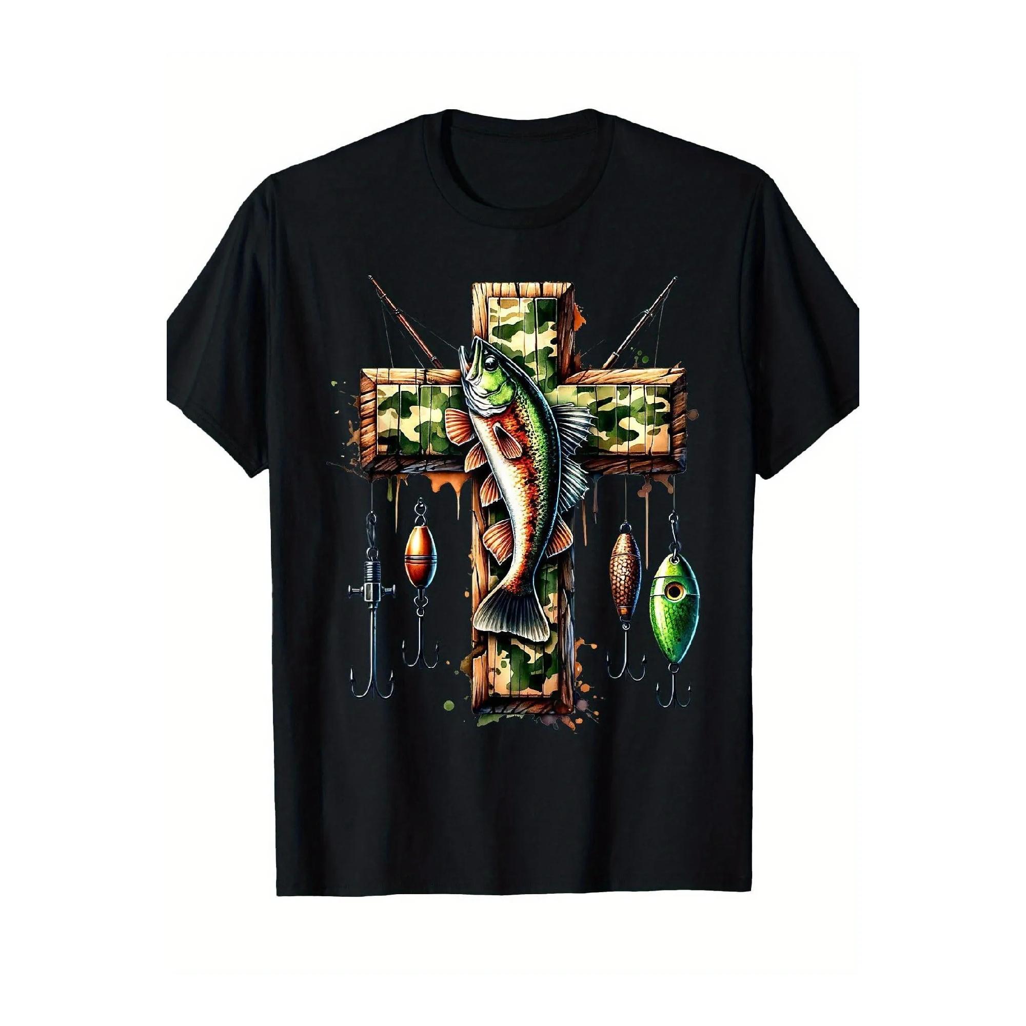 

Fishing Cross Christian Camo Bass Graphic T-Shirt Men Soft Crew Neck Short Sleeve Outdoor Tee S чёрный