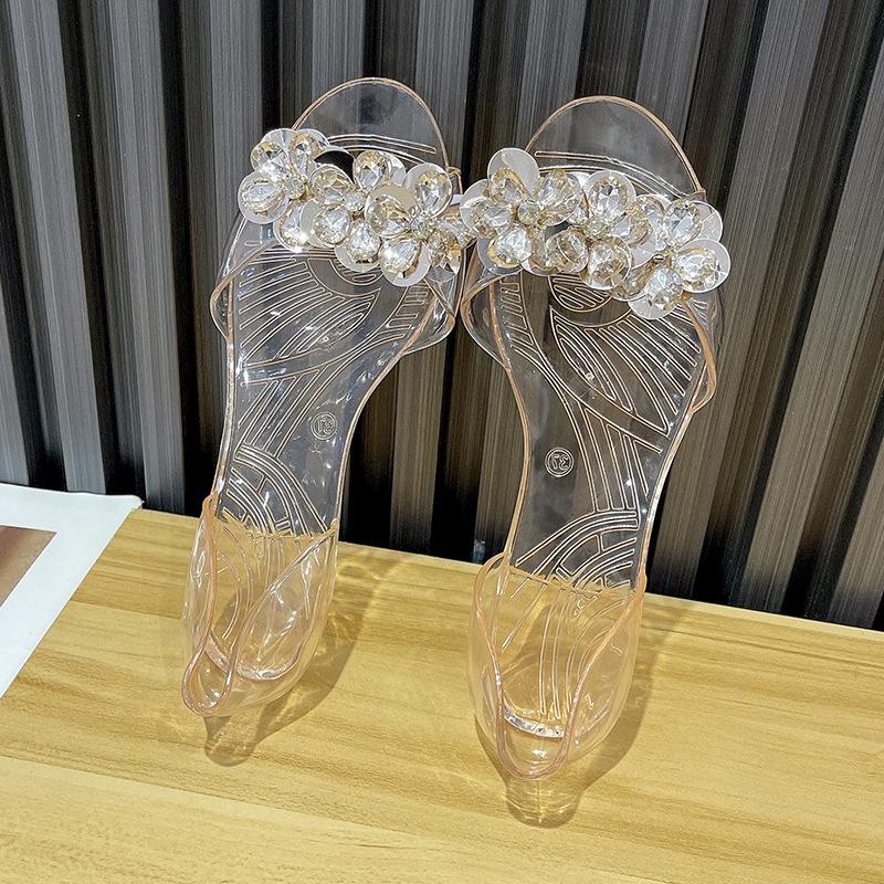 New schoolgirl fashion sandals trendy shiny pieces jelly shoes women's summer crystal flat bottom fish mouth transparent outer wear