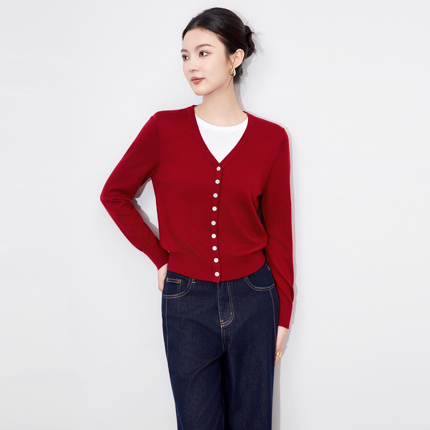 Тяжелый кардиган из экстратонкой мериносовой шерсти 16-го класса вязки с длинным рукавом имитирующий двойку L красный 3270₽