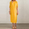 Ladies' Casual And Fashionable Solid Color Round Neck Short Sleeved Button Slit Mid Length Dress