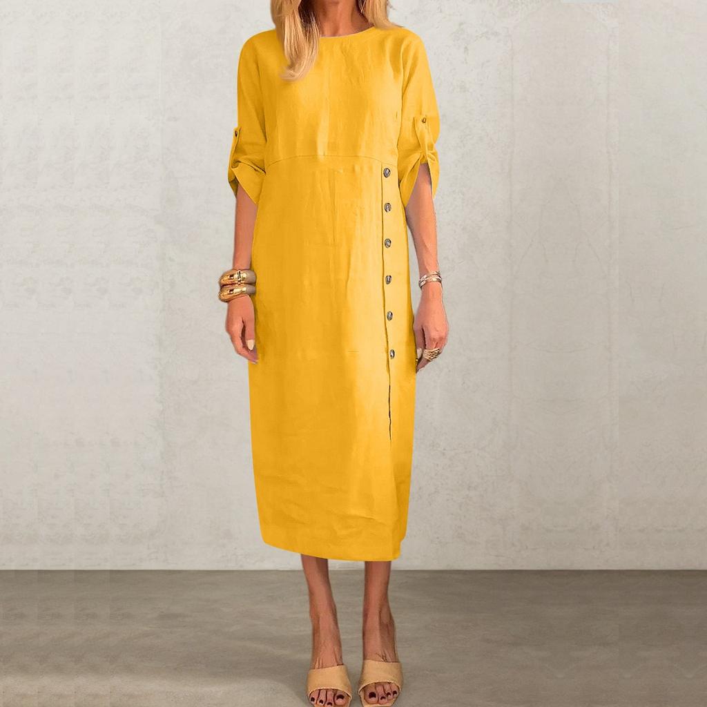 Ladies' Casual And Fashionable Solid Color Round Neck Short Sleeved Button Slit Mid Length Dress
