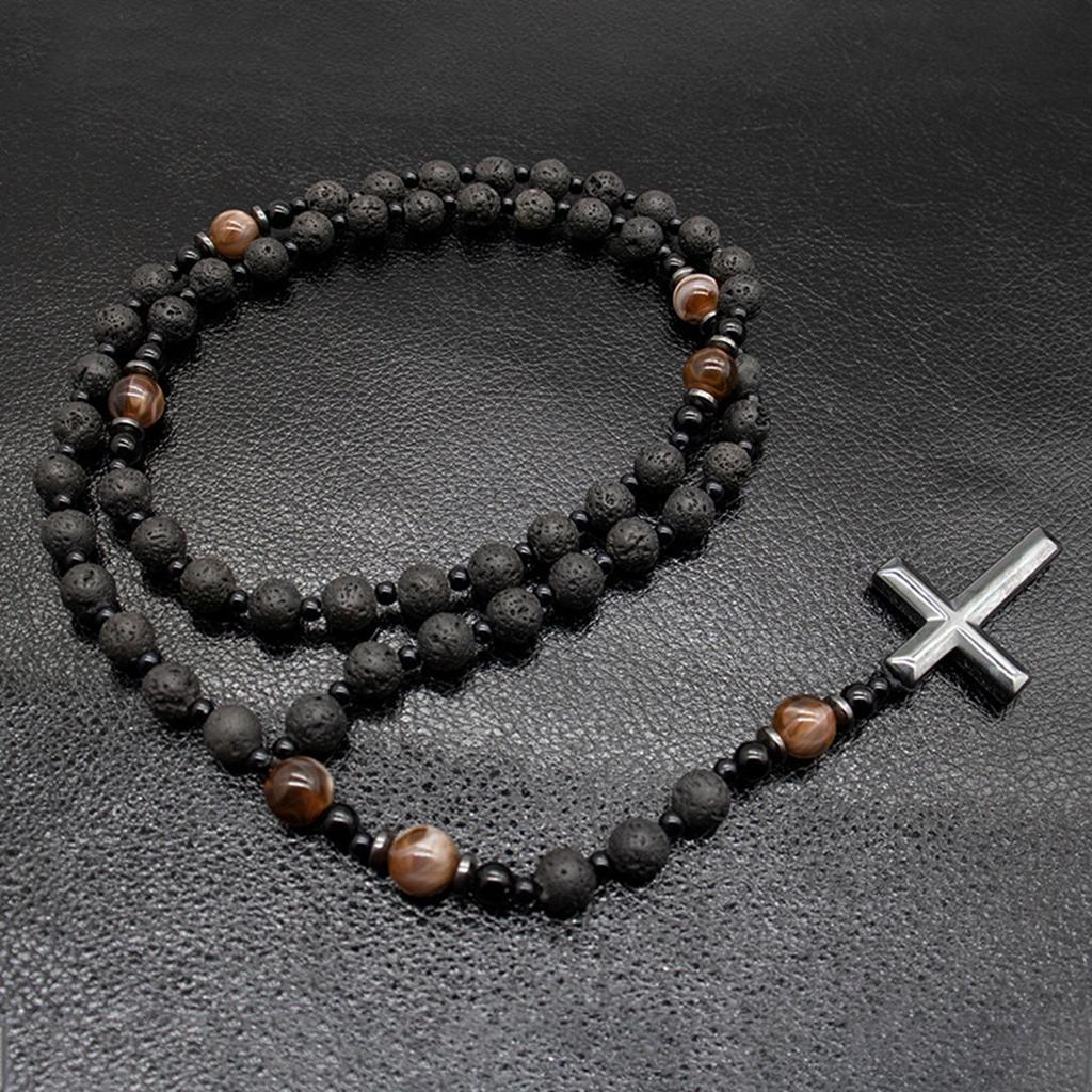 Elegante Collana con Croce di Perline e Pietre Occhio di Tigre Per Uomo Idea Regalo Religioso Collana Spirituale Unisex