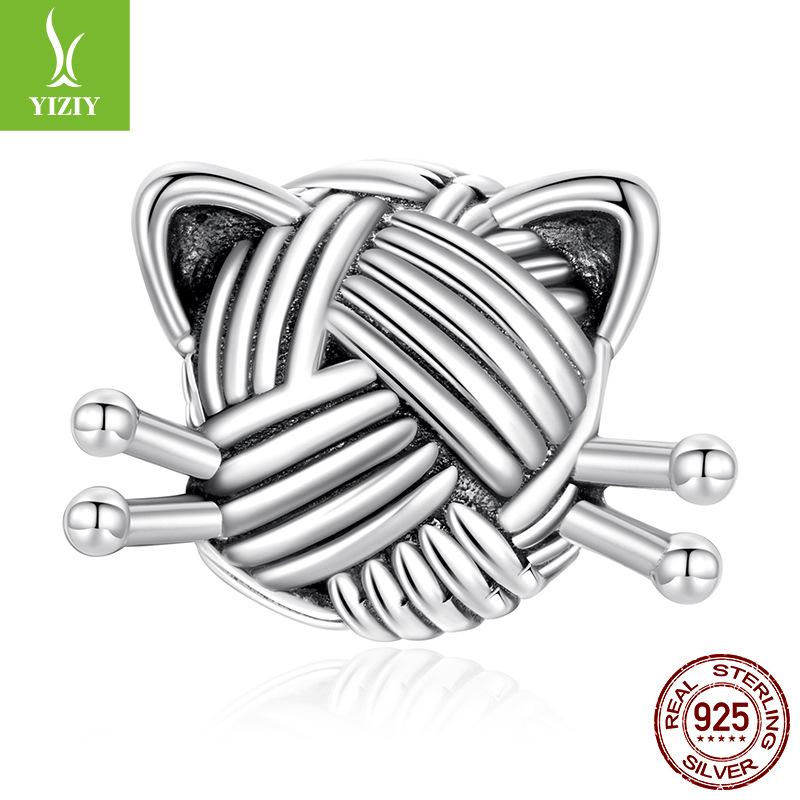 S925 Sterling Silver Cat Wool Beaded Loose Beads, Cute Pet Cat Diy Bead Accessories
