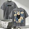 Mineral Wash Streetwear T-Shirt, 100% Cotton Oversized Fit, Floral Black Cat Distressed Tee for Men Women