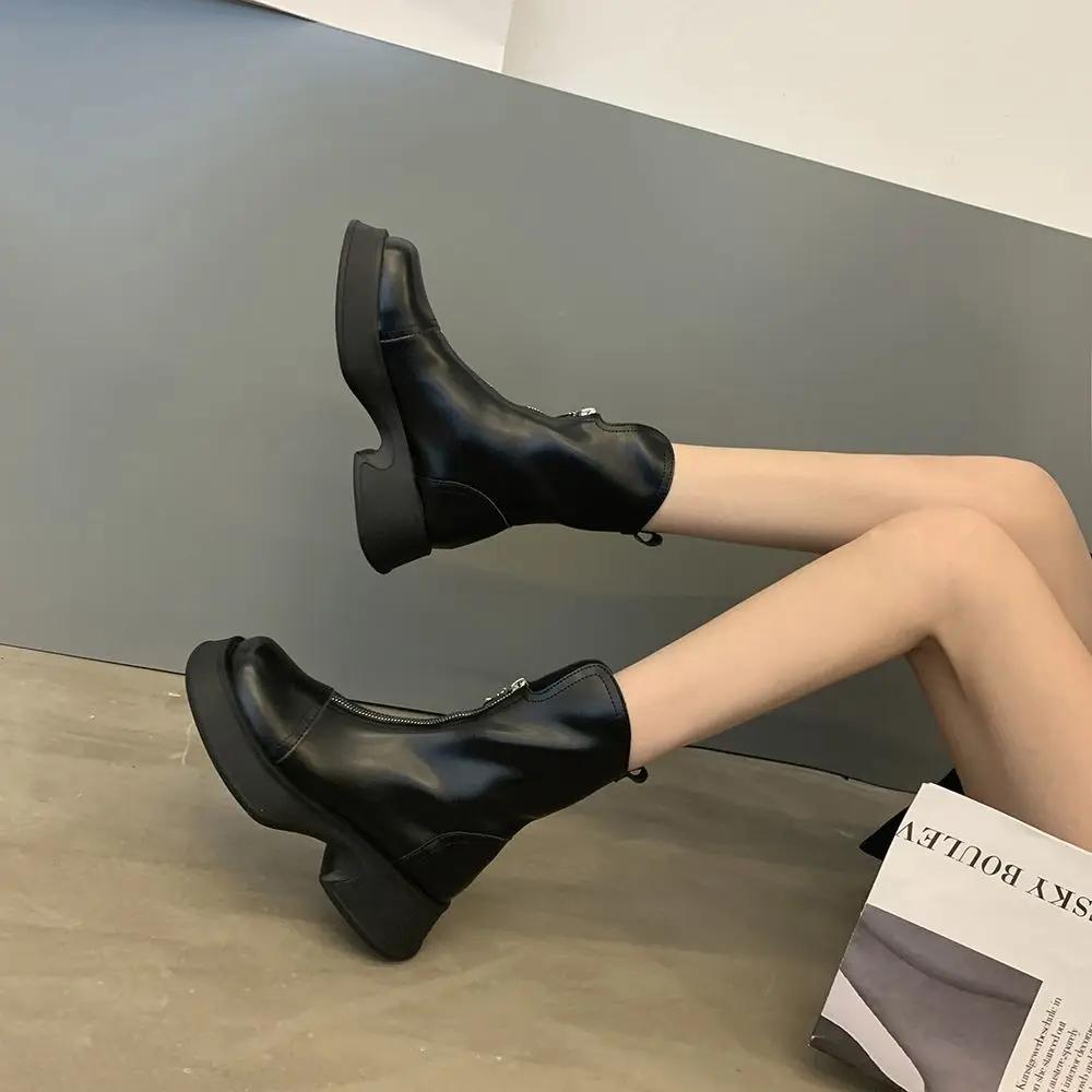 Fashion Elegant With Medium Heels Women's Ankle Boots Round Toe Female Short Shoes Black Large Size Warm Trend 2024 On Offer Y2k Booties