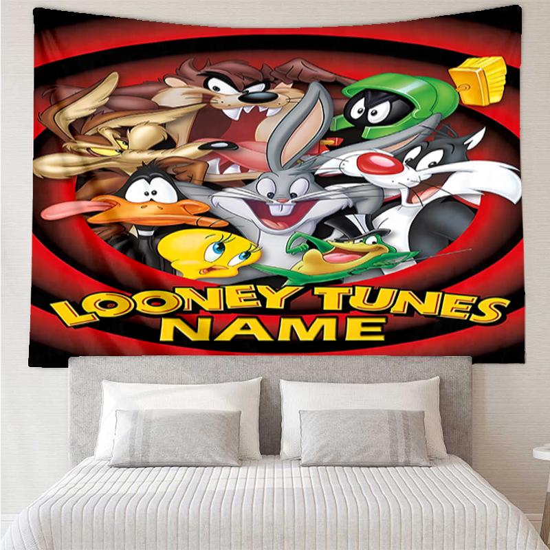 Custom Name Looney Tunes Print Tapestry, Backdrop, Easy Setup, Ideal for Bedroom, Office & Living Room, with Aesthetic Wall Hanging Decor.