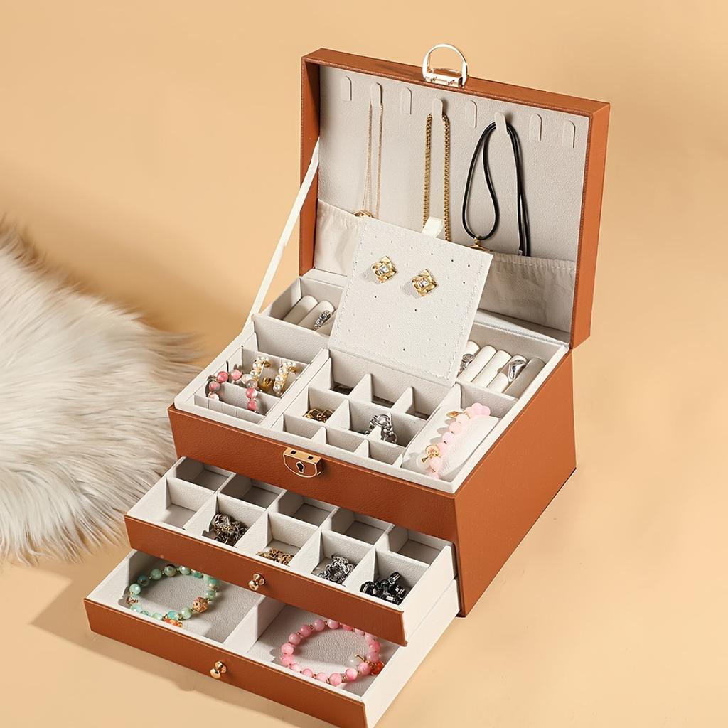 1 szt. Pudełko Organizer na Biżuterię w Stylu Vintage z Zamkiem na Kluczyk, 3-warstwowe, o Dużej Pojemności, do Przechowywania Kolczyków, Pierścionków, Naszyjników, Koralików i Akcesoriów,