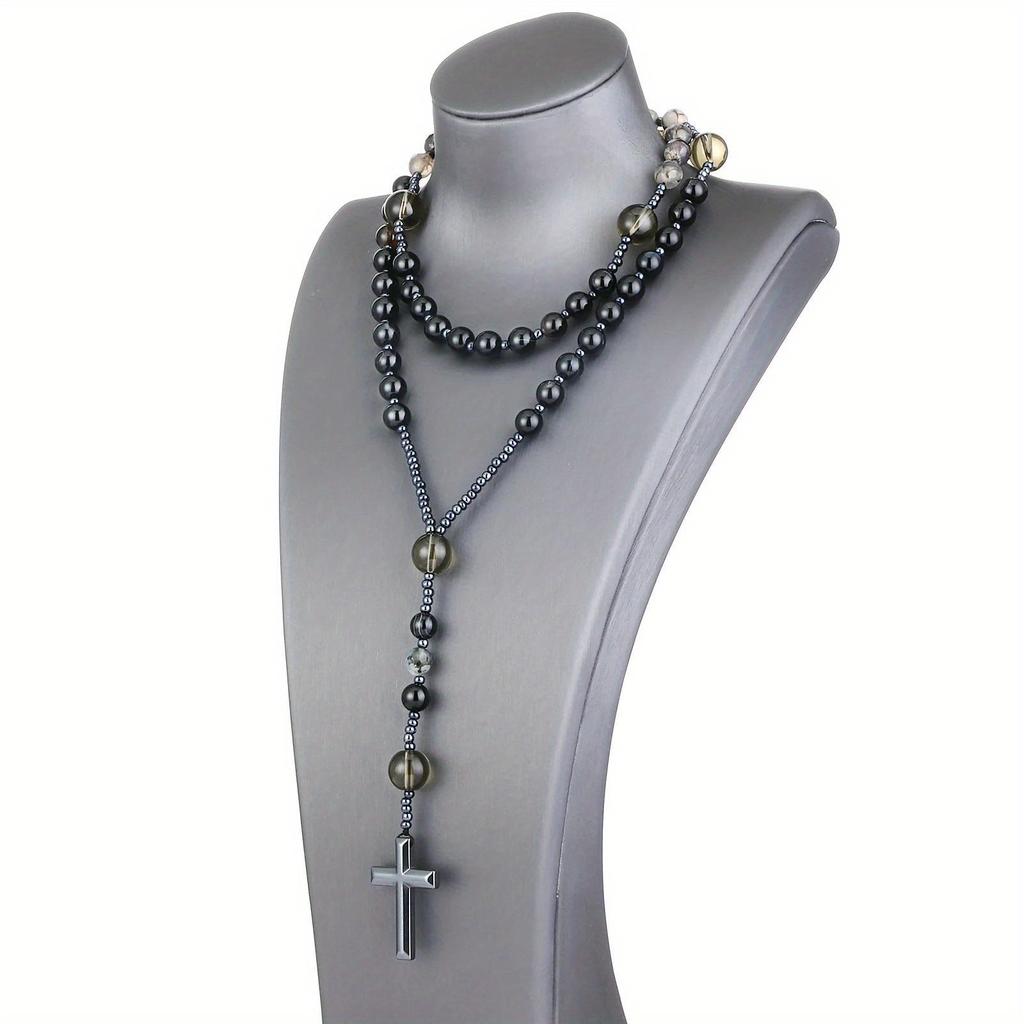 Catholic Black Dragon Agate Smoky Crystal Rosary Beads Necklace Hematite Cross Pendant Necklace Prayer Meditation Jewelry