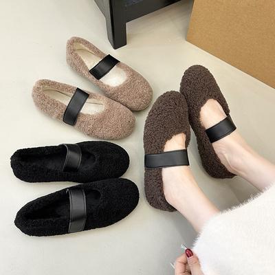 French Flat-soled Fluffy Shoes for Women's Outer Wear 2025 New Autumn and Winter Mary Jane Velvet Beanie Shoes Cotton Shoes Warm Single Shoes