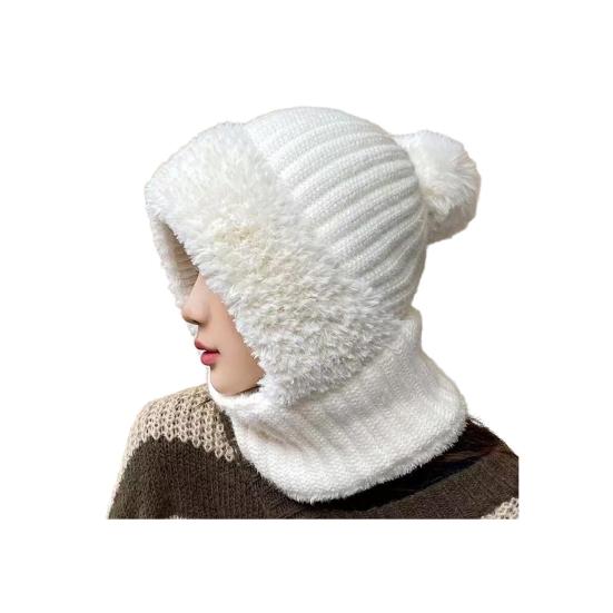 

Шапка с гибкой регулируемой защитой для лица, однотонная, с плюшевым помпоном, утолщенный флисовый слой, теплый дизайн три в одном, шапка, шарф, защита для лица белый