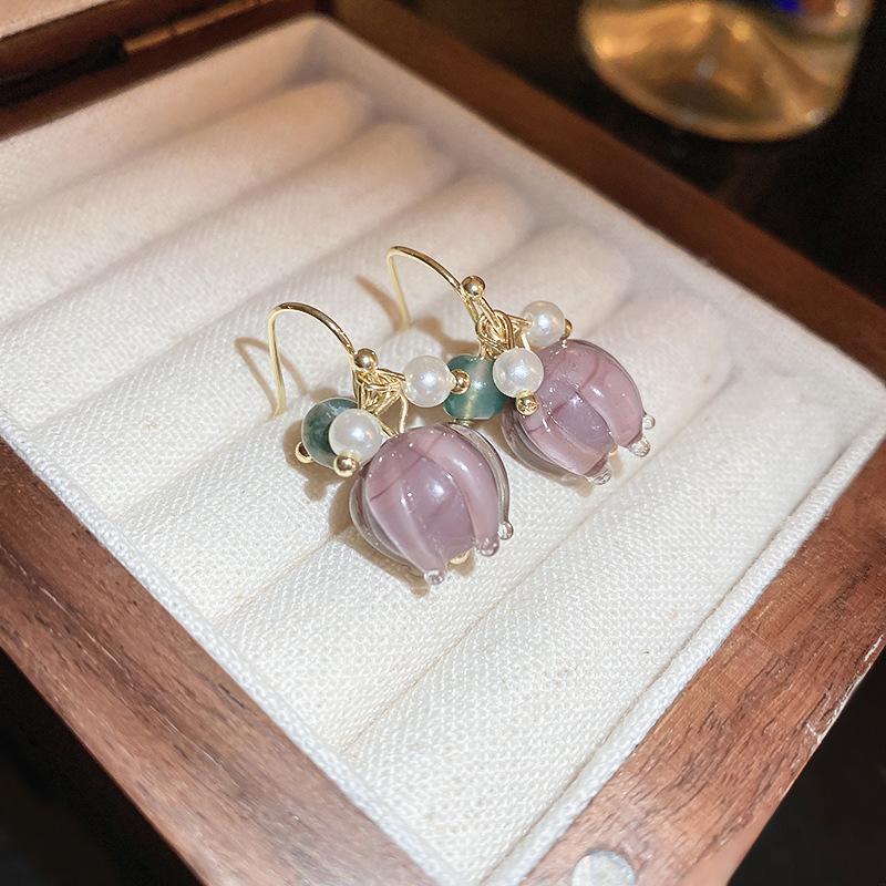 Super Flash Diamond Purple Flower Pearl Stud Earrings French Earrings