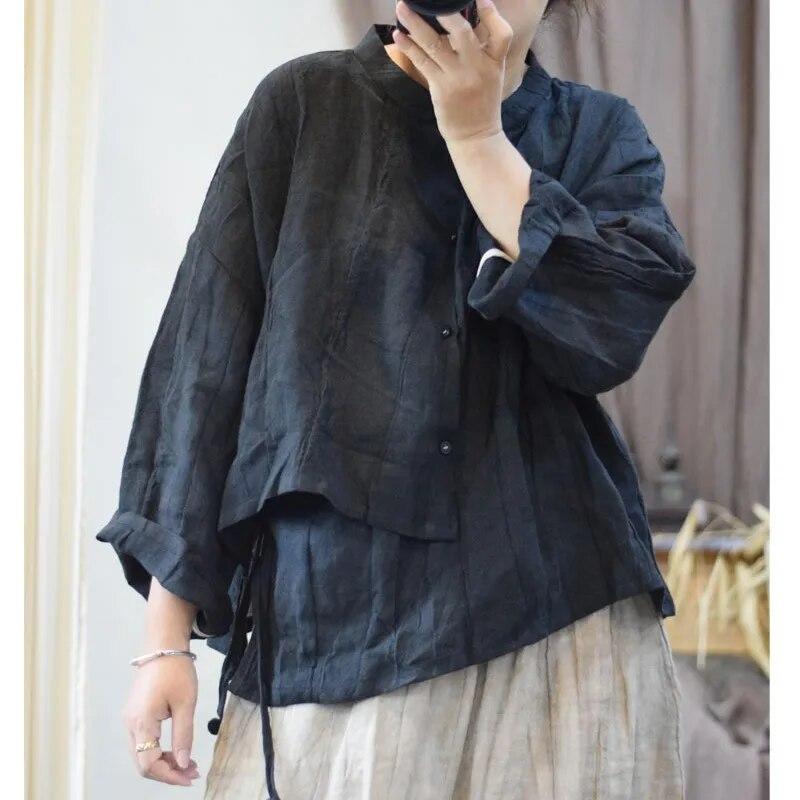 Johnature Nieregularna koszula z lnianym kołnierzykiem w stylu vintage, jesień, kobieta, nowa, zniszczona, luźna, jednokolorowa, swobodna koszula