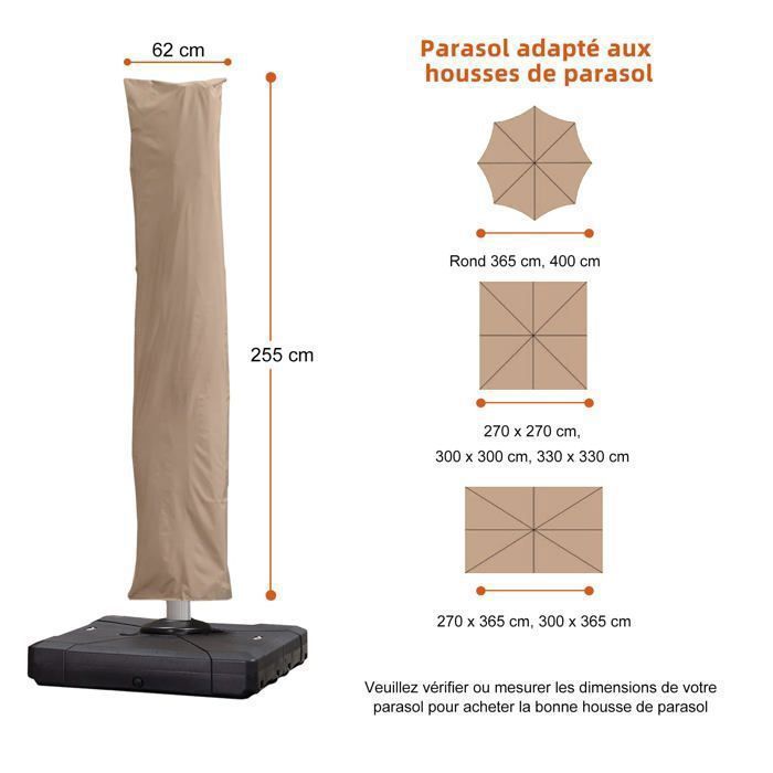 Housse pour parasol déporté kaki - polyester 250 g/m², fermeture éclair et cordon de serrage, protection UV