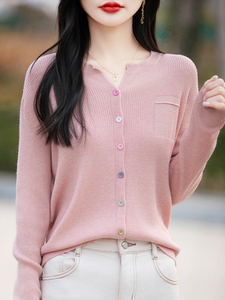 Women's Slimming V-Neck Stripe Button Cardigan for Autumn/Winter