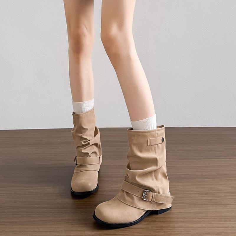 Western jeans tube short boots women's 2025 new autumn thick heel pleated pile boots retro British Martin boots