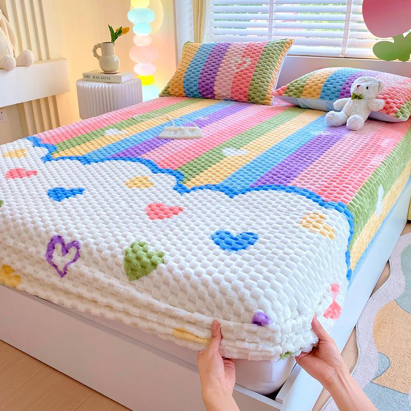 Thickened Doudou Fleece Fitted Sheet, Solid Jacquard Milk Velvet Mattress Protector, Warm Brown Bed Cover for Autumn and Winter