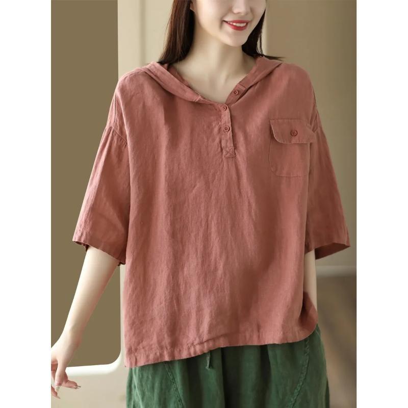 

Summer New Short-sleeved Cotton Linen Hooded Top Simple Literary Artistic Women s Loose Temperament Pullover Shirt L рожевий