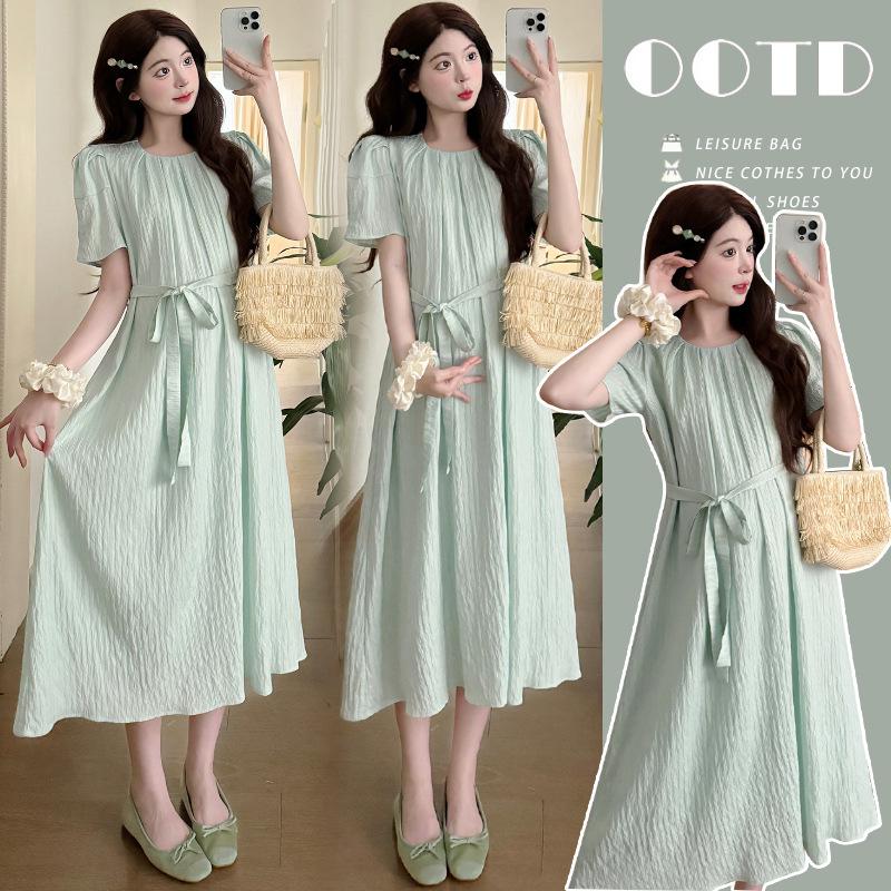 2026 Fashionable Mid-length Short-sleeve Maternity Dress with Loose Belt 2XL