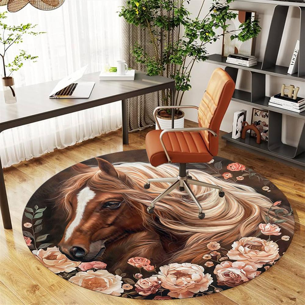 1PC horse flowers Office Round Area Rug, Under Office Chairs Bedroom Living Room Home Decor, Carpet for Office -1110166