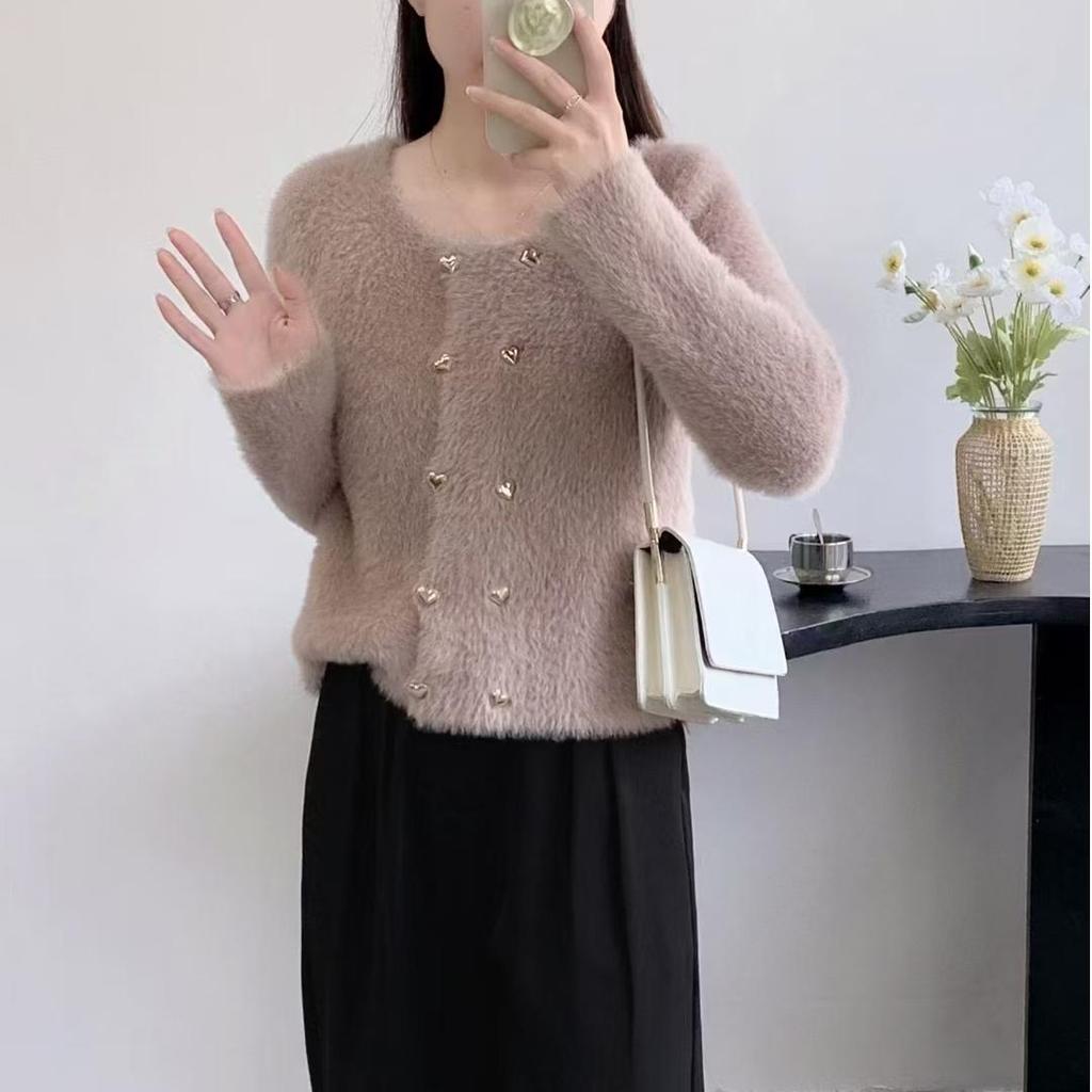 French small fragrant style imitation mink knitted cardigan women's autumn and winter temperament elegant round neck solid color double-breasted