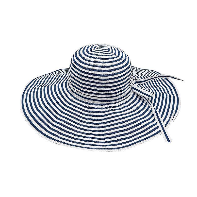 Sonnenhut mit breiter Krempe, zweifarbig gestreift und mit Schleife für Damen, Outdoor-Reisen auf See, Sonnenschutz, UV-Schutz, faltbarer Hut mit breiter Krempe M（56-58cm） gray