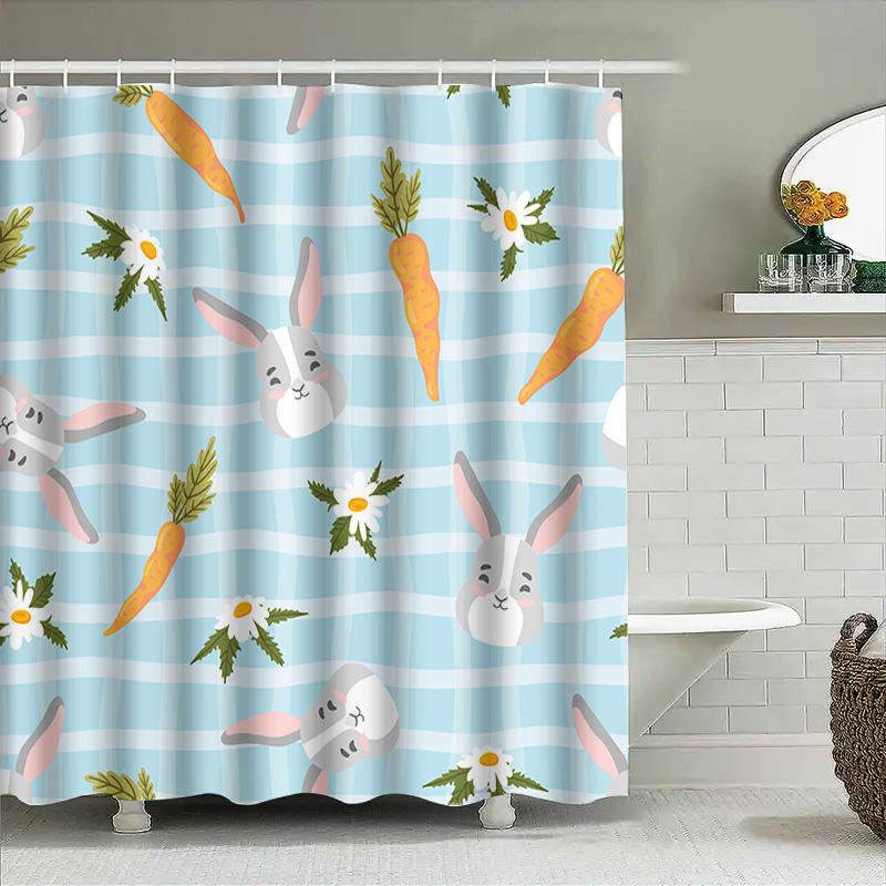 Cute Rabbit Carrot Shower Curtain Set For Bathroom Decor Blue Plaid Fabric Print