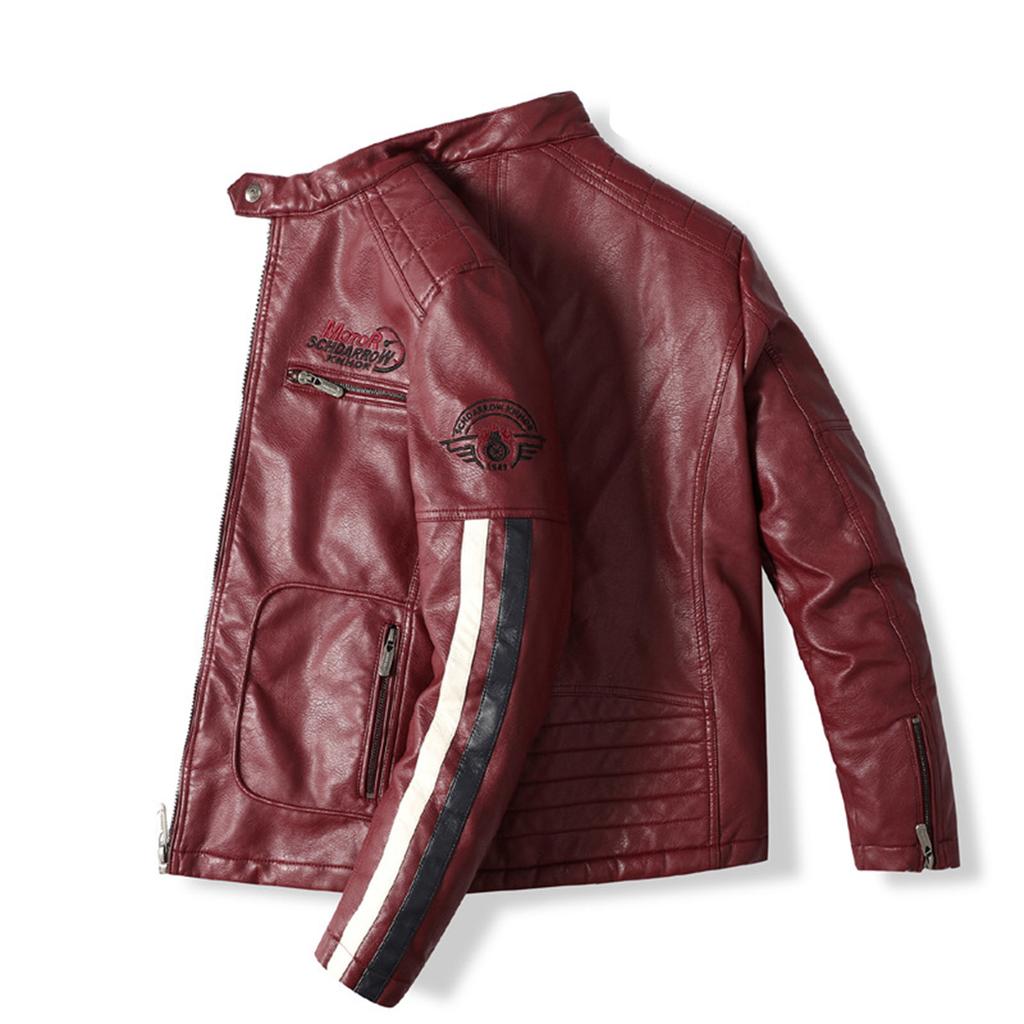 Men's Motorcycle Leather Racing Suit Colorblock Embroidery Motorcycle PU Jacket Windproof Cotton Jacket