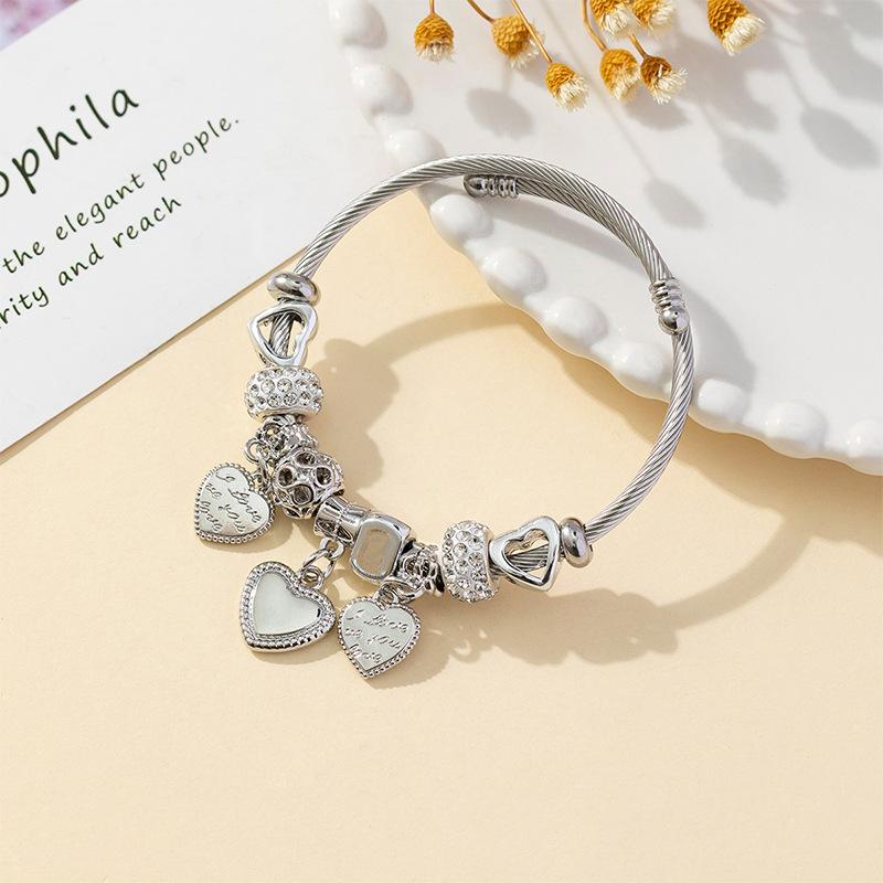 DIY Beaded Bracelet with Stainless Steel Loop Charms Crystal Rhinestone Ball Alloy Heart Letter Charms Jewelry