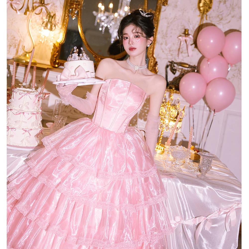 Tube Top Male Wedding Dress Dress Skirt French Retro Premium Texture Pink Lace Birthday Travel Photo Is Beautiful