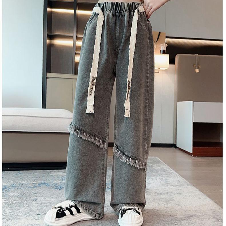 Dívčí džíny se širokými nohavicemi Jaro a Podzim Dívčí volné Internetová červená Retro modrá Rovná trubka Dětské kalhoty